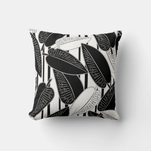 Modern black ficus leaves abstract striped print p cushion
