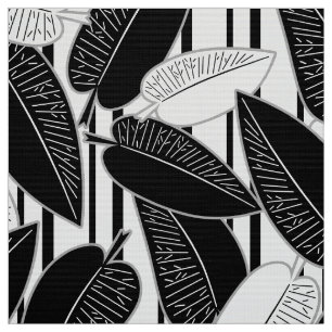 Modern black ficus leaves abstract striped print p fabric