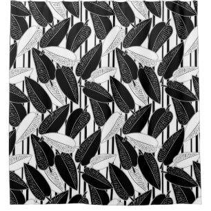 Modern black ficus leaves abstract striped print p shower curtain
