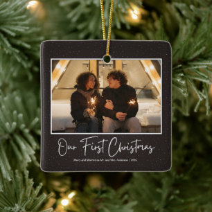 Modern Black First Christmas Married As Mr and Mrs Ceramic Ornament