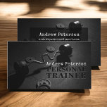 Modern black fitness personal trainer workout business card<br><div class="desc">Modern black fitness personal trainer workout with matte black weight,  barre . A creative and professional business card</div>