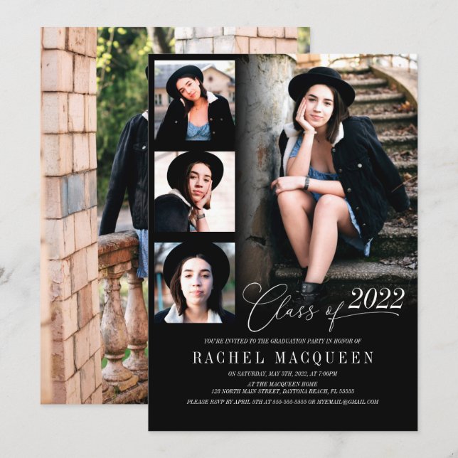 Modern Black Five Photo Collage Graduation Party Invitation (Front/Back)
