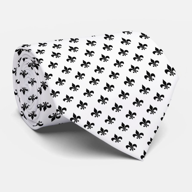 Modern Black Fleur-de-lis on White Tie (Rolled)