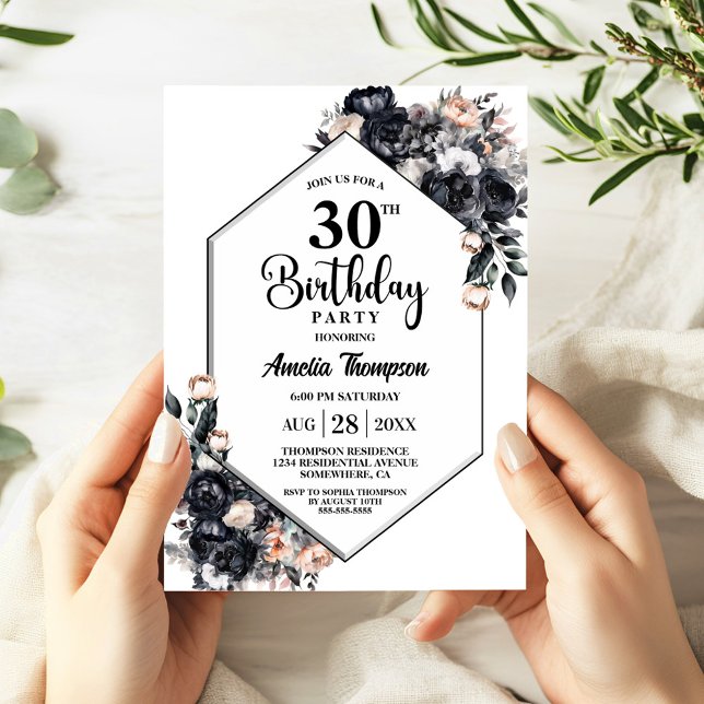 Modern Black Floral 30th Birthday Party Invitation (Creator Uploaded)