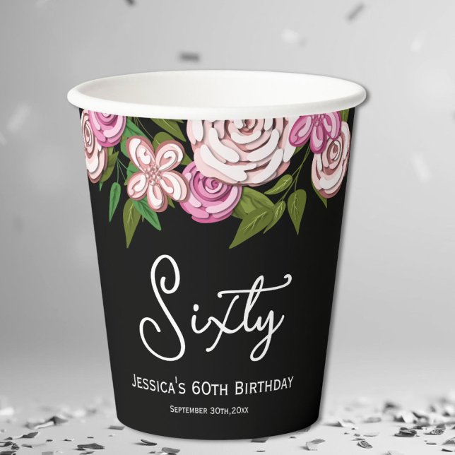 Modern Black Floral 60th Birthday Paper Cups (Creator Uploaded)