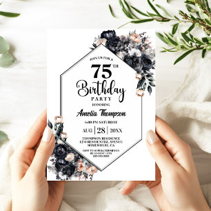 Modern Black Floral 75th Birthday Party Invitation