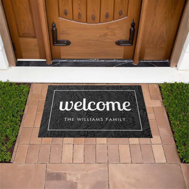 Modern Black Floral and White Personalised Welcome Doormat (Outdoor)