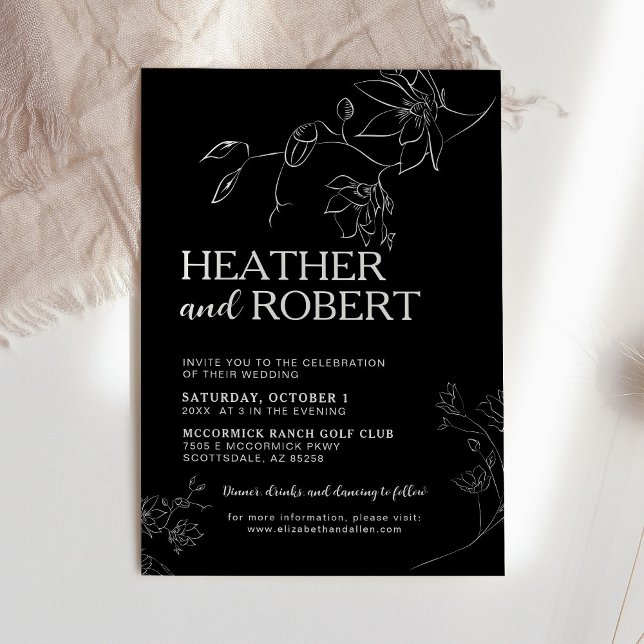 Modern Black Floral Botanical Boho Simple Wedding Invitation (Creator Uploaded)