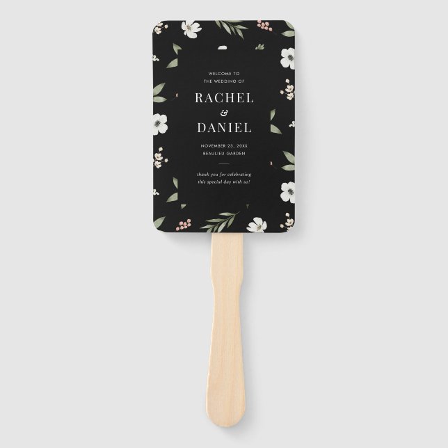 Modern Black Floral Botanical Wedding Program Hand Fan (Front)