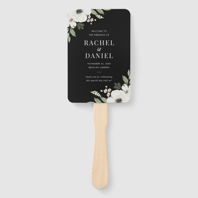 Modern Black Floral Botanical Wedding Program Hand Fan (Front)