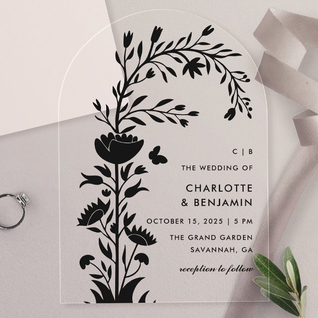 Modern Black Floral Butterfly Wedding Acrylic Invitations (Creator Uploaded)