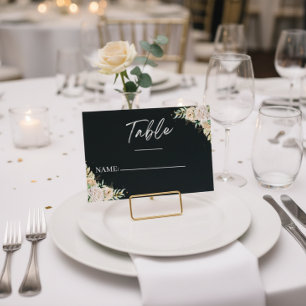 Modern Black Floral Calligraphy Wedding Place Card