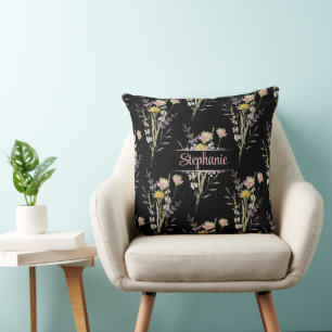 Modern Black Floral Country Wildflowers  Cushion