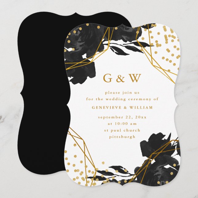 Modern Black Floral Faux Gold Geometric Wedding Invitation (Front/Back)