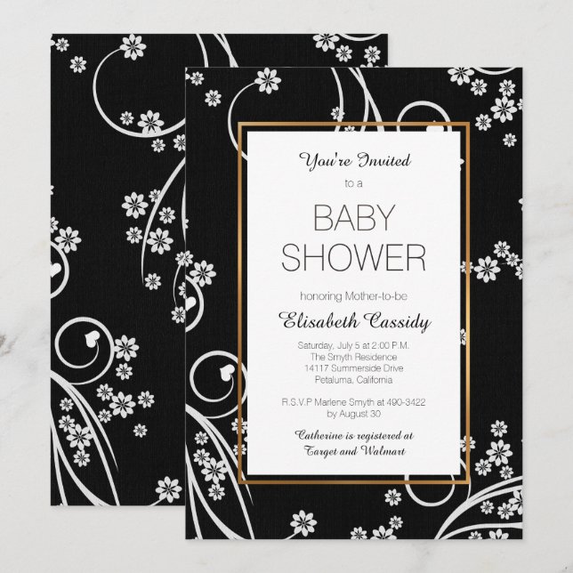 Modern Black Floral Gold Baby Shower Invitation (Front/Back)