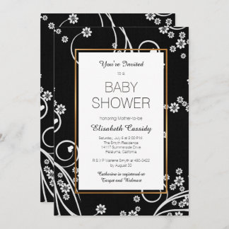 Modern Black Floral Gold Baby Shower Invitation