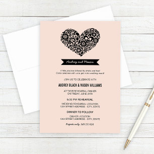 Modern Black Floral Heart   Blush Rehearsal Dinner Invitation