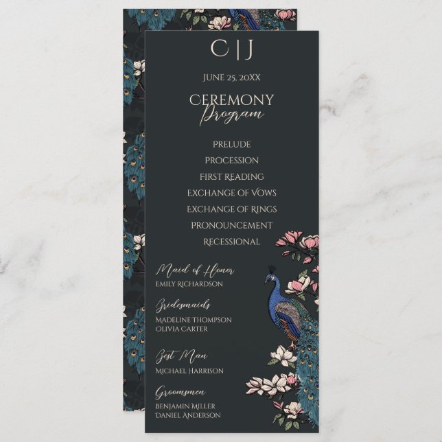 Modern Black Floral Peacock Wedding Program Card (Front/Back)