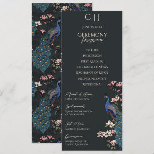 Modern Black Floral Peacock Wedding Program Card