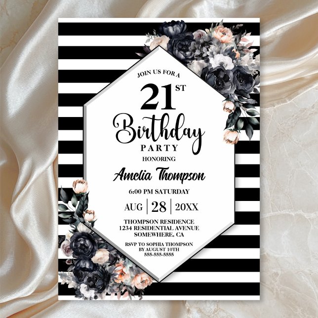 Modern Black Floral Striped 21st Birthday Party Invitation (Creator Uploaded)