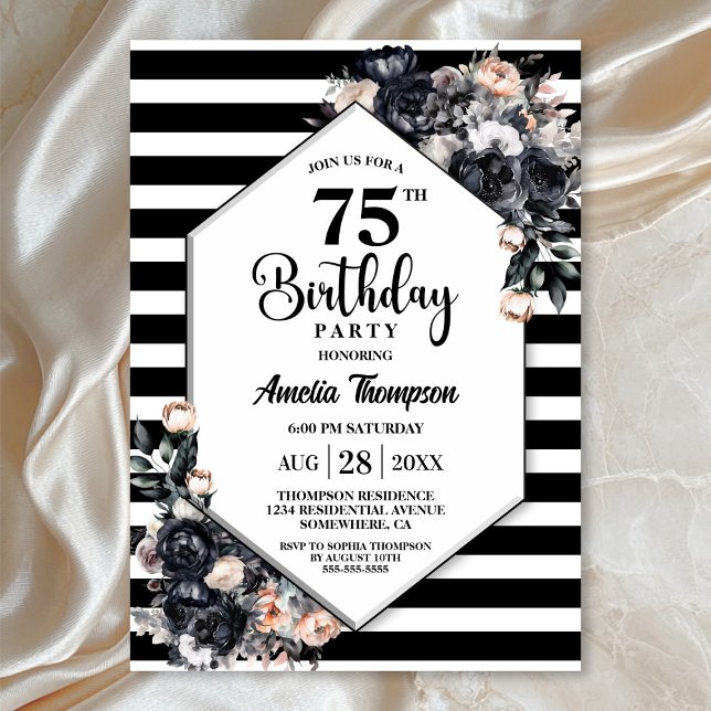 Modern Black Floral Striped 75th Birthday Party Invitation (Creator Uploaded)