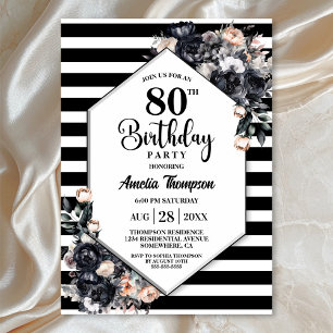 Modern Black Floral Striped 80th Birthday Party Invitation