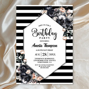 Modern Black Floral Striped Birthday Party Invitation