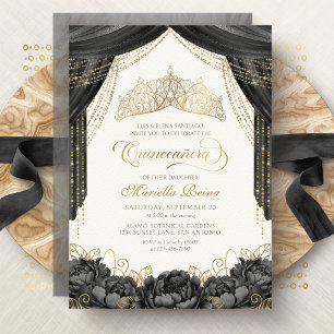 Modern Black Floral Tiara Quinceanera Invitation