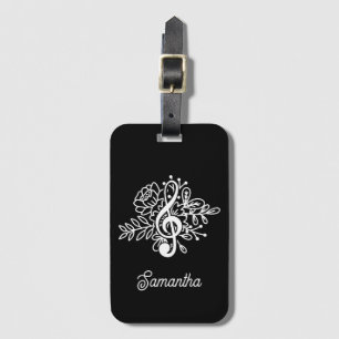 Modern Black Floral Treble Clef Musician Choir Luggage Tag
