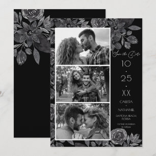 Modern Black Floral Watercolor Photo Wedding  Save The Date