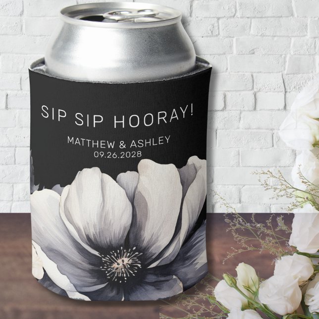 Modern Black Floral Wedding Favour Can Cooler (Modern Black Floral Wedding Favor Can Cooler)