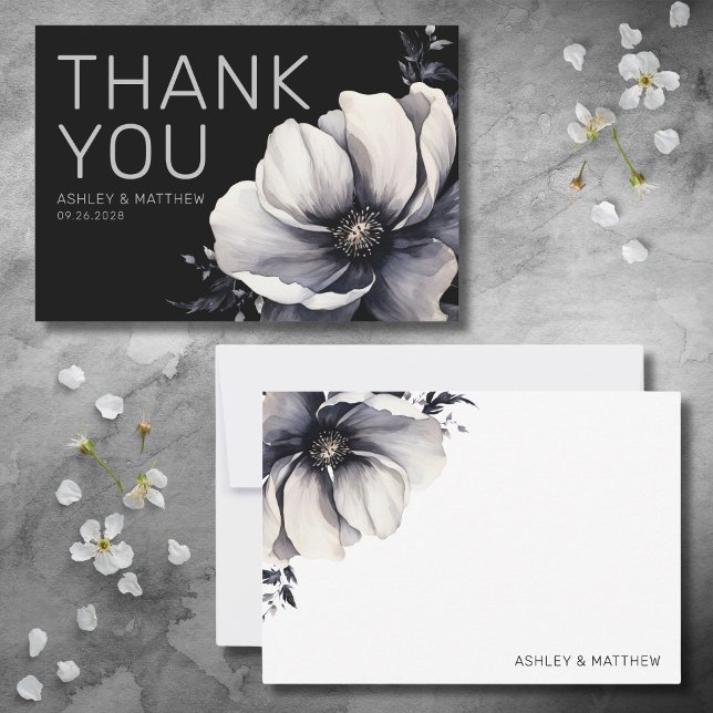Modern Black Floral Wedding Thank You Card (Modern Black Floral Wedding Thank You Card)