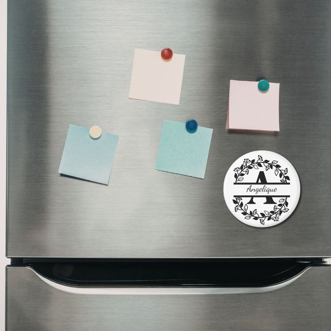 Modern Black Floral Wreath Split Monogram "A" Magnet (Creator Uploaded)