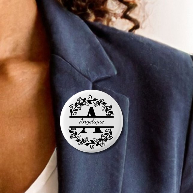 Modern Black Floral Wreath Split Monogram A Round 3 Cm Round Badge (Creator Uploaded)