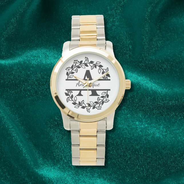 Modern Black Floral Wreath Split Monogram "A" Watch (Creator Uploaded)