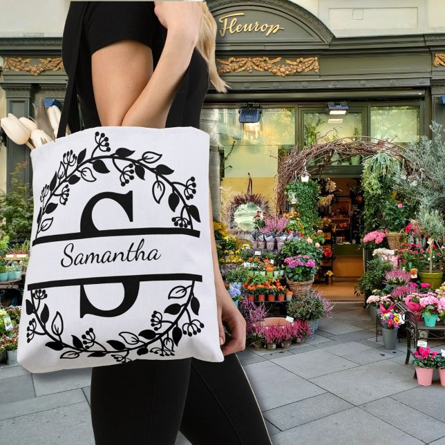 Modern Black Floral Wreath Split Monogram "S" Tote Bag (Creator Uploaded)