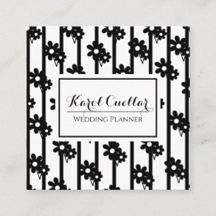 Modern Black Flowers With Vertical Lines Pattern Square Business Card