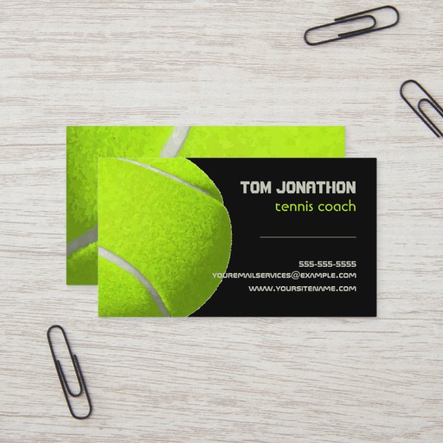 Modern black fluorescent yellow tennis ball coach  business card (Front/Back In Situ)
