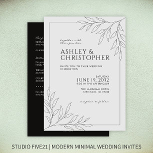 Modern Black Foliage Outline All-in-One Wedding Invitation