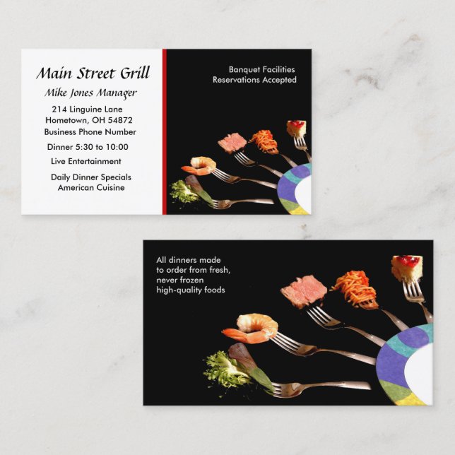 Modern Black Food on Forks Professional Restaurant Business Card (Front/Back)