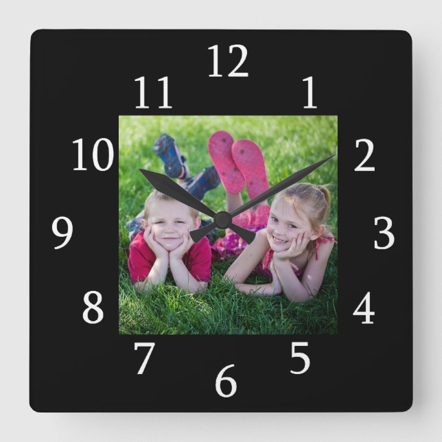 Modern Black Frame Custom Photo Square Wall Clock (Front)