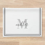 Modern Black Frame Family Monogram Tea Towel<br><div class="desc">Custom-designed modern black kitchen hand towel featuring personalised family name monogram in modern hand calligraphy.</div>