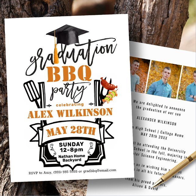 Modern Black Fun Script 3 Photo GRAD BBQ Party  Invitation (Creator Uploaded)