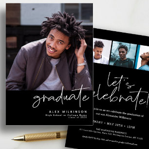 Modern Black Fun Script Simple 4 Photo Graduation Invitation