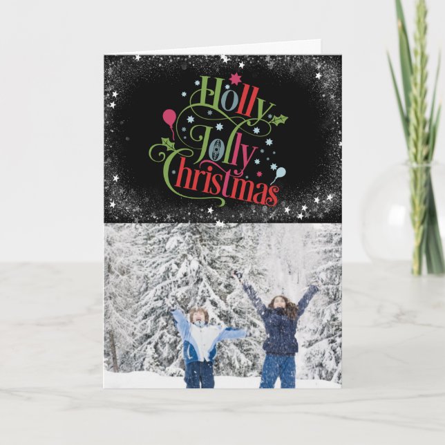Modern Black Fun Script Snowflakes Bokeh Overlay Holiday Card (Front)