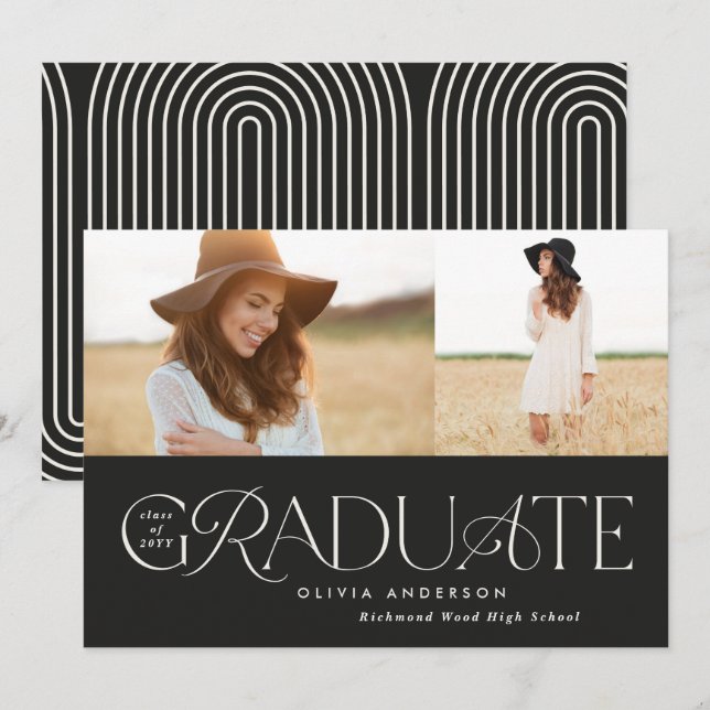 Modern black geometric 2 photo arch graduation announcement (Front/Back)