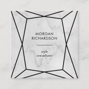 Modern Black Geometric on Faux White Marble Square Business Card