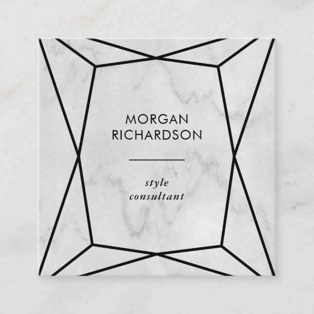 Modern Black Geometric on Faux White Marble Square Business Card (Front)