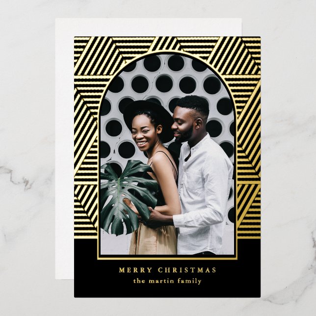 Modern Black Geometric Pattern Photo Christmas  Foil Holiday Card (Front/Back)