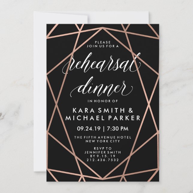 Modern Black Geometric Wedding Rehearsal Dinner Invitation (Front)